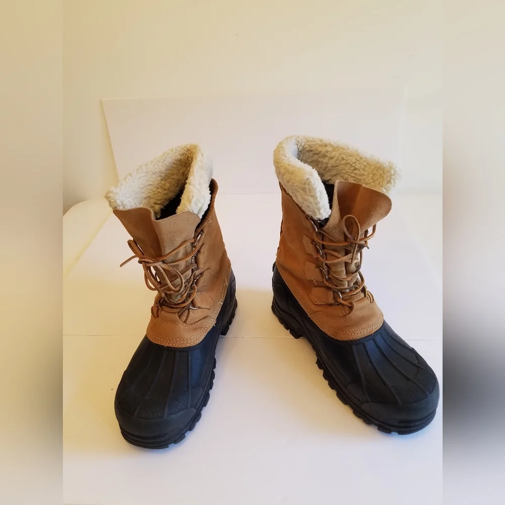 Polaris Men's Leather Insulated Boots Lined Sherpa Trim Size 8 Black Tan